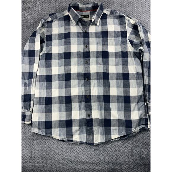Orvis Shirt XL Mens Blue White Checkered Plaid Button Long Sleeve Cotton - Picture 2 of 13
